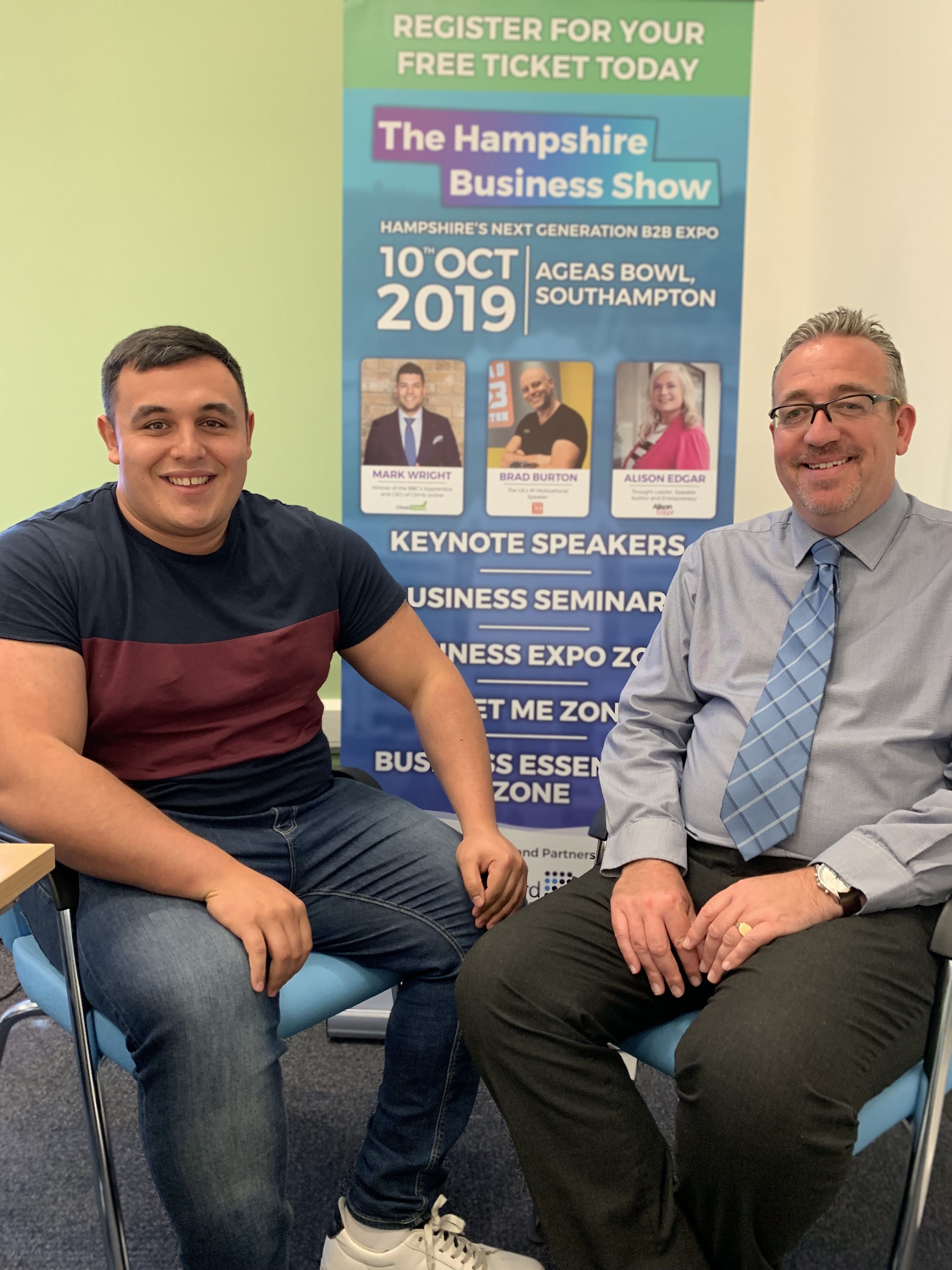 SHOWCASING BUSINESS: Josh Mitchell, a leading light at the inaugural Hampshire Business Show, left, with Stephen Deller, the centre manager at Ocean Village Innovation Centre (OVIC), Southampton. Oxford Innovation, which operates the centre, is a headline sponsor of the business-to-business event, which takes place on 10th October at the Ageas Bowl, near Southampton. Josh is the co-owner of digital marketing consultancy Mitchell & Stones, one of 46 companies working out of Ocean Village Innovation Centre.